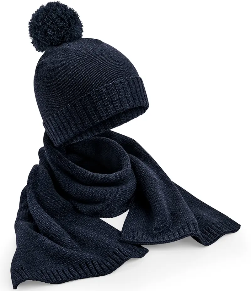 Beechfield - Knitted Muts en Sjaal Set - Navy